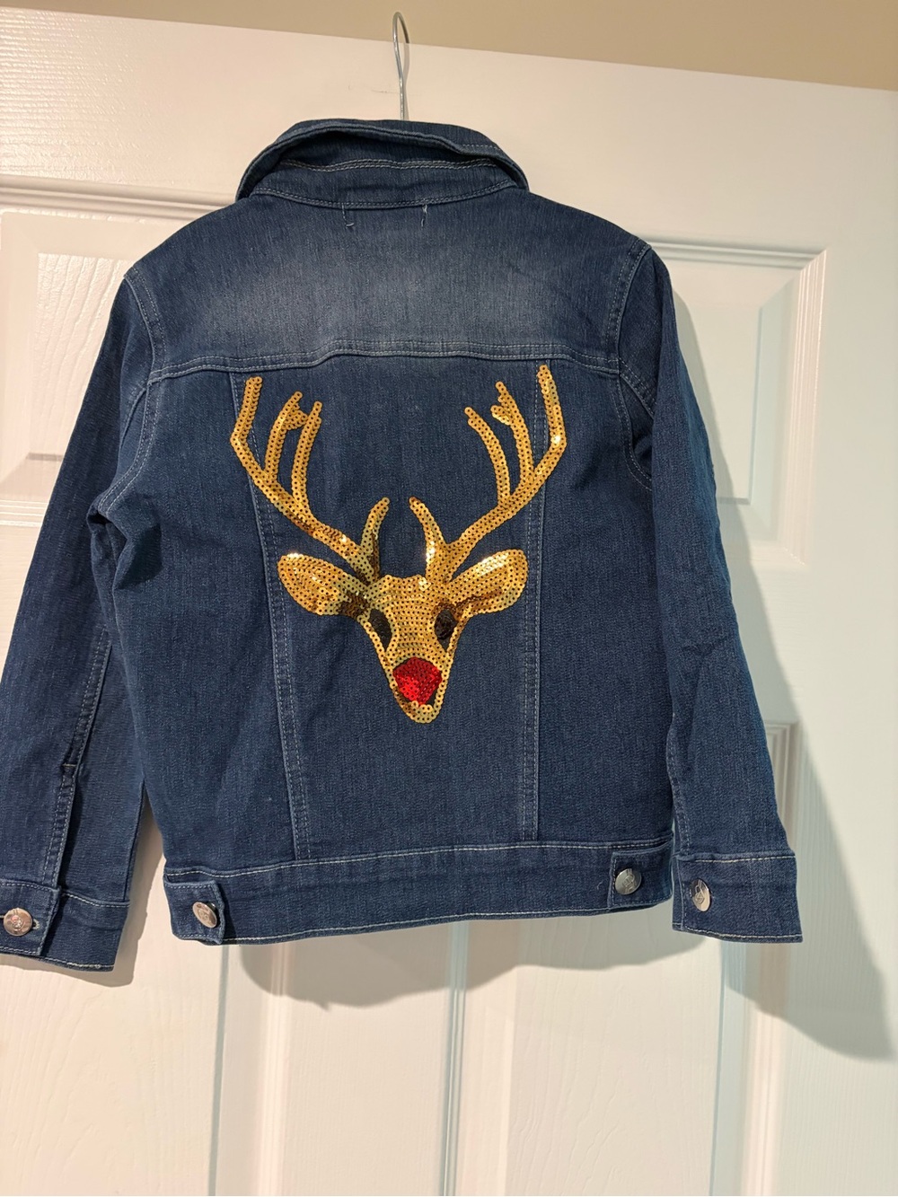 Judith March Blue Denim Jacket with Gold Sequin Reindeer